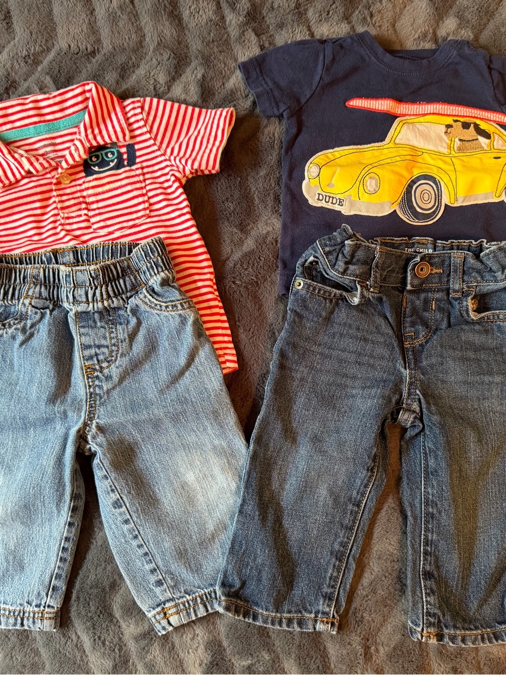 Kids Navy T-Shirt with Yellow Car Graphic and Red Striped Polo Set